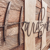 Monogrammed Family Name Sign on Farmhouse Lath