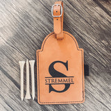 Engraved Leatherette Golf Bag Tag with 3 Wooden Tees