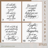 Four squares with calligraphy quotes on a beige background, featuring the brand 'Script and Grain' that will be engraved.
