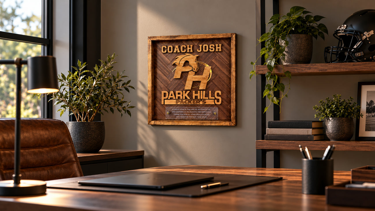 A framed wooden wall sign reading 'COACH JOSH PARK HILLS' hangs on a wall in a styled office or study. The scene includes a desk, laptop, lamp, shelving, plants, and sports memorabilia, with the sign as the focal product.