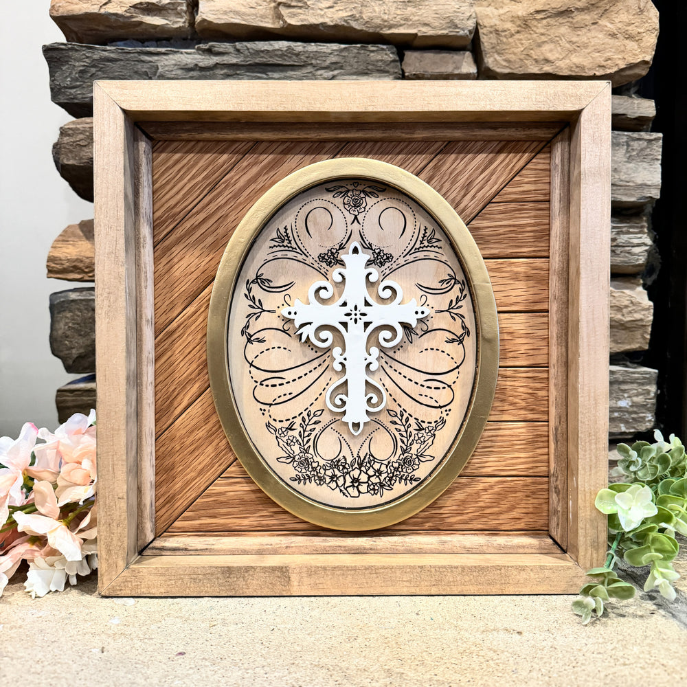 Handcrafted Wooden Sign with Calligraphic Cross on Oak