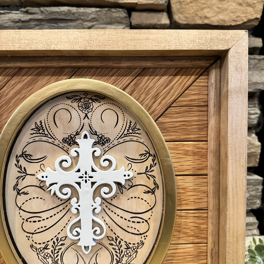 Handcrafted Wooden Sign with Calligraphic Cross on Oak