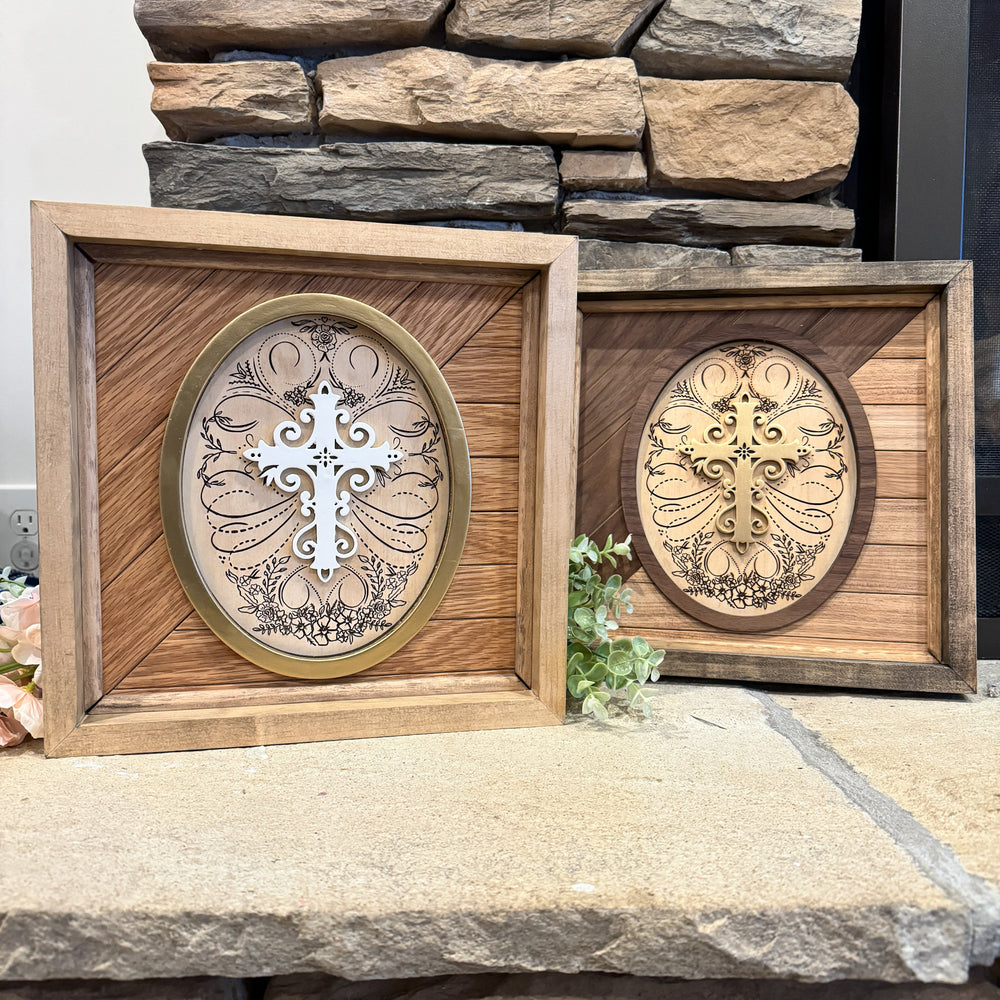 Handcrafted Wooden Sign with Calligraphic Cross on Oak