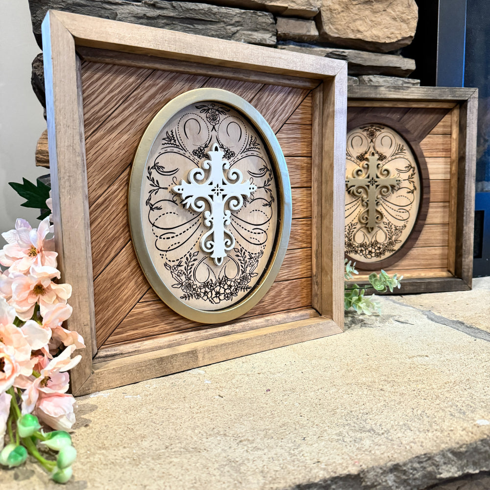 Handcrafted Wooden Sign with Calligraphic Cross on Oak