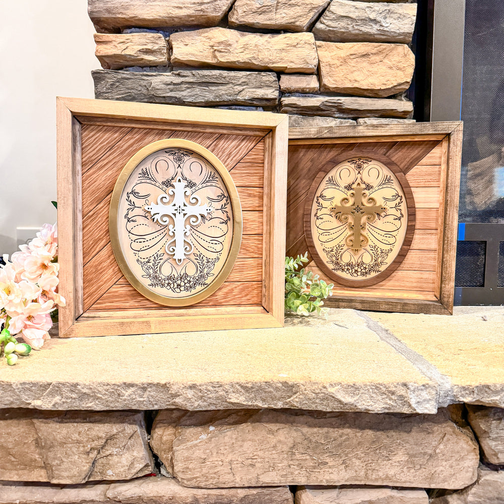 Handcrafted Wooden Sign with Calligraphic Cross on Oak