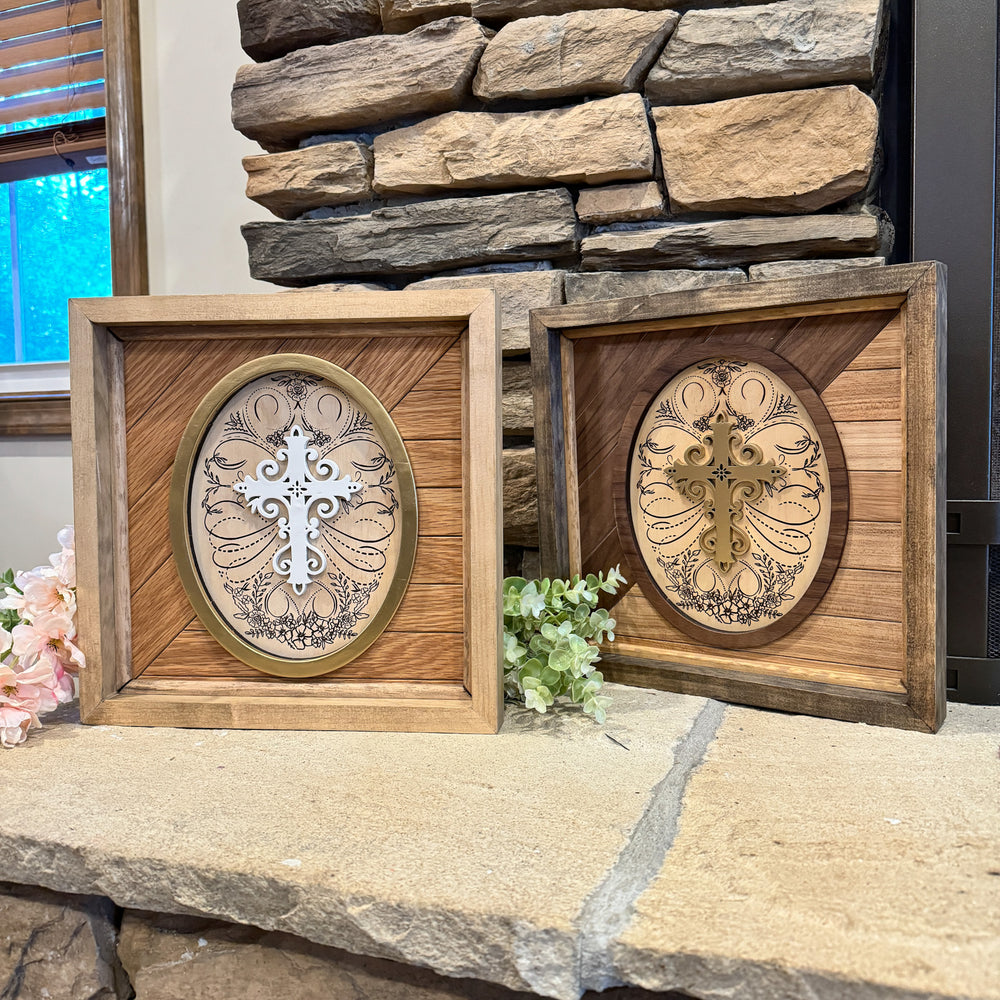 Handcrafted Wooden Sign with Calligraphic Cross on Oak