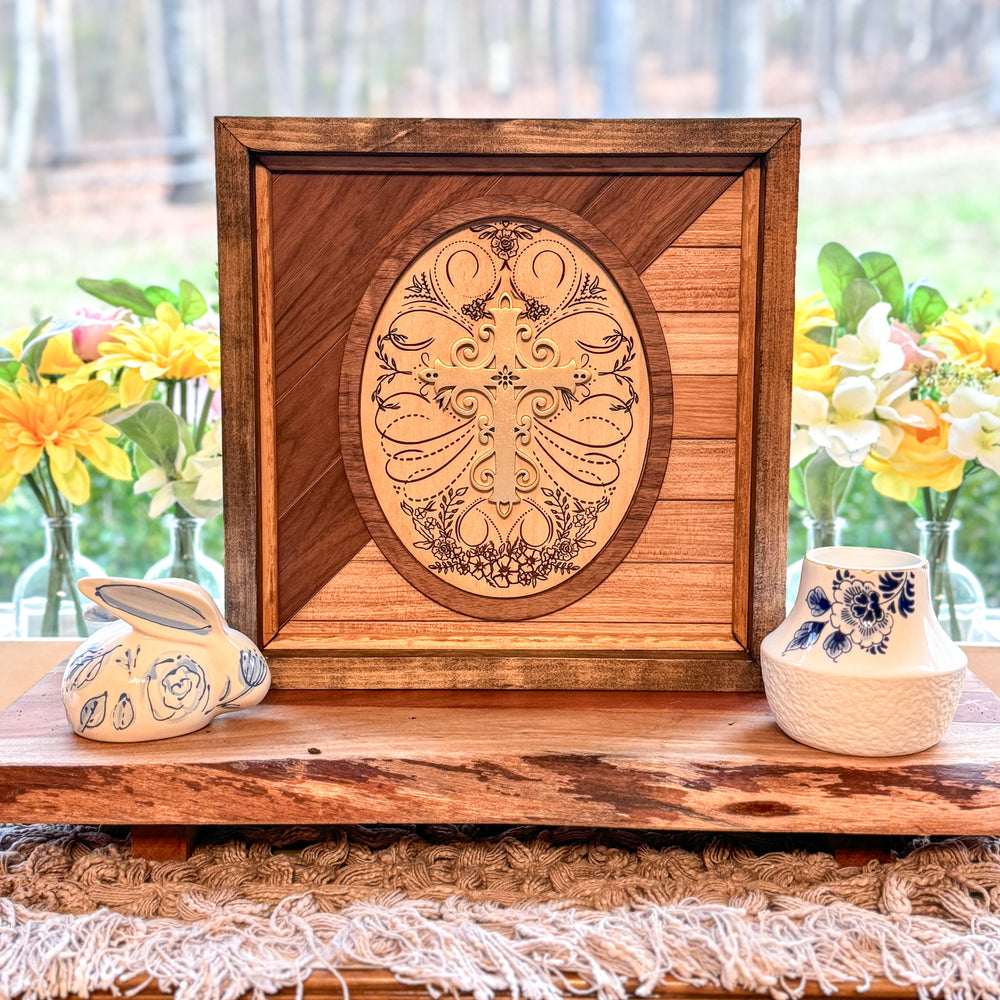 Handcrafted Wooden Sign with Calligraphic Gold Cross