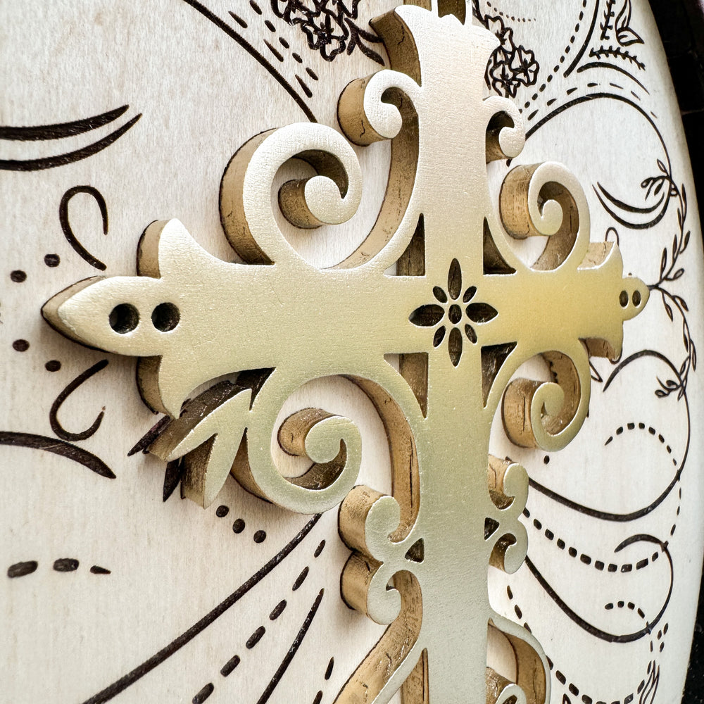 Handcrafted Wooden Sign with Calligraphic Gold Cross
