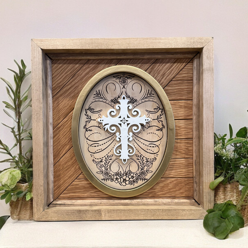 Handcrafted Wooden Sign with Calligraphic Cross on Oak