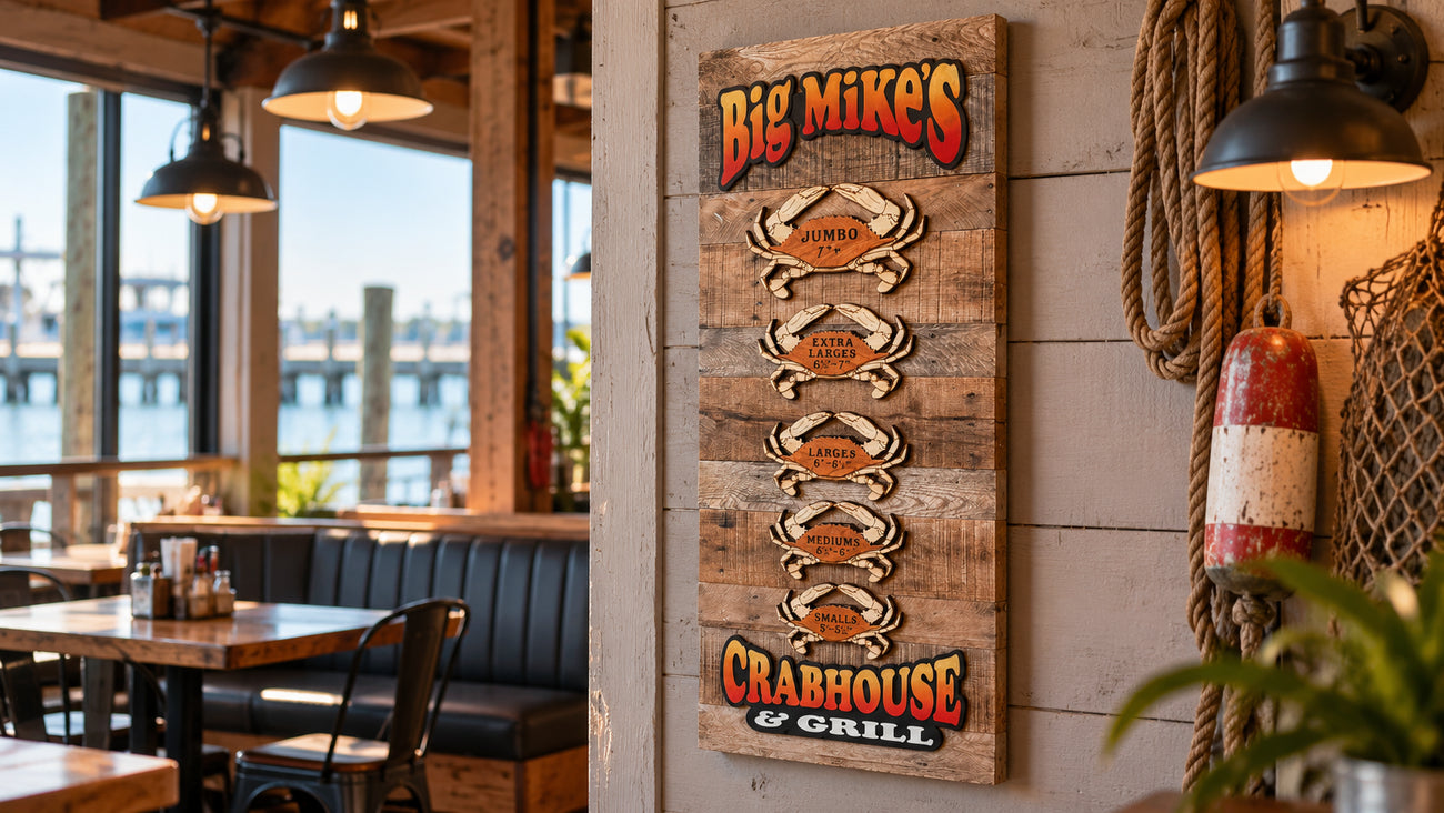 A rustic wooden restaurant sign for 'Big Mike's Crabhouse & Grill' hanging on a wall in a nautical-themed dining space with tables, chairs, and hanging rope decor.