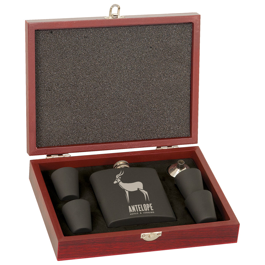 Engraved Matte Black Flask Set