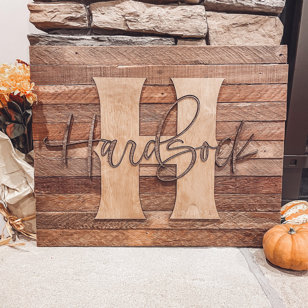 Monogrammed Family Name Sign on Farmhouse Lath