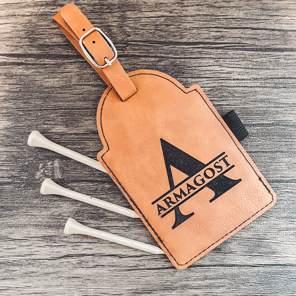 Engraved Leatherette Golf Bag Tag with 3 Wooden Tees