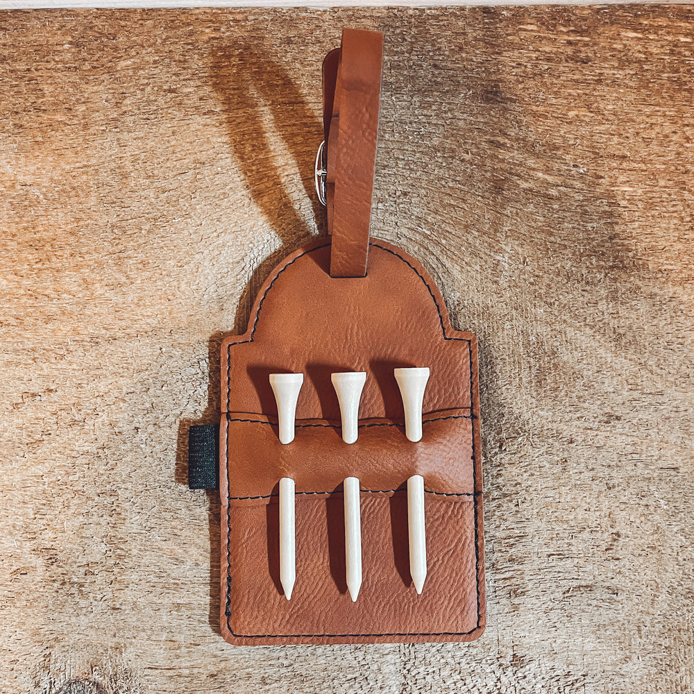 Engraved Leatherette Golf Bag Tag with 3 Wooden Tees