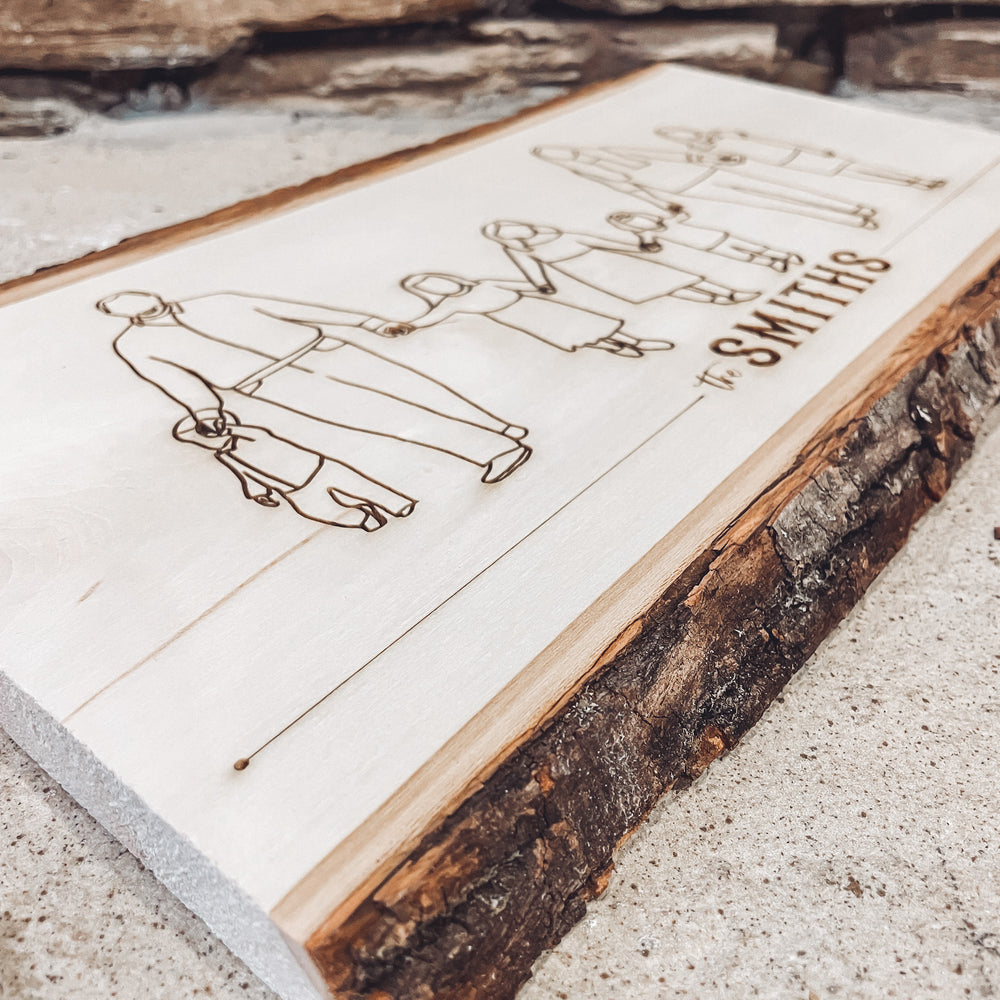 Line art drawing engraved on Bass Wood Plank