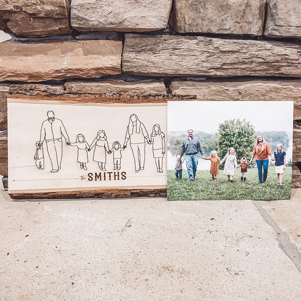 Line art drawing engraved on Bass Wood Plank