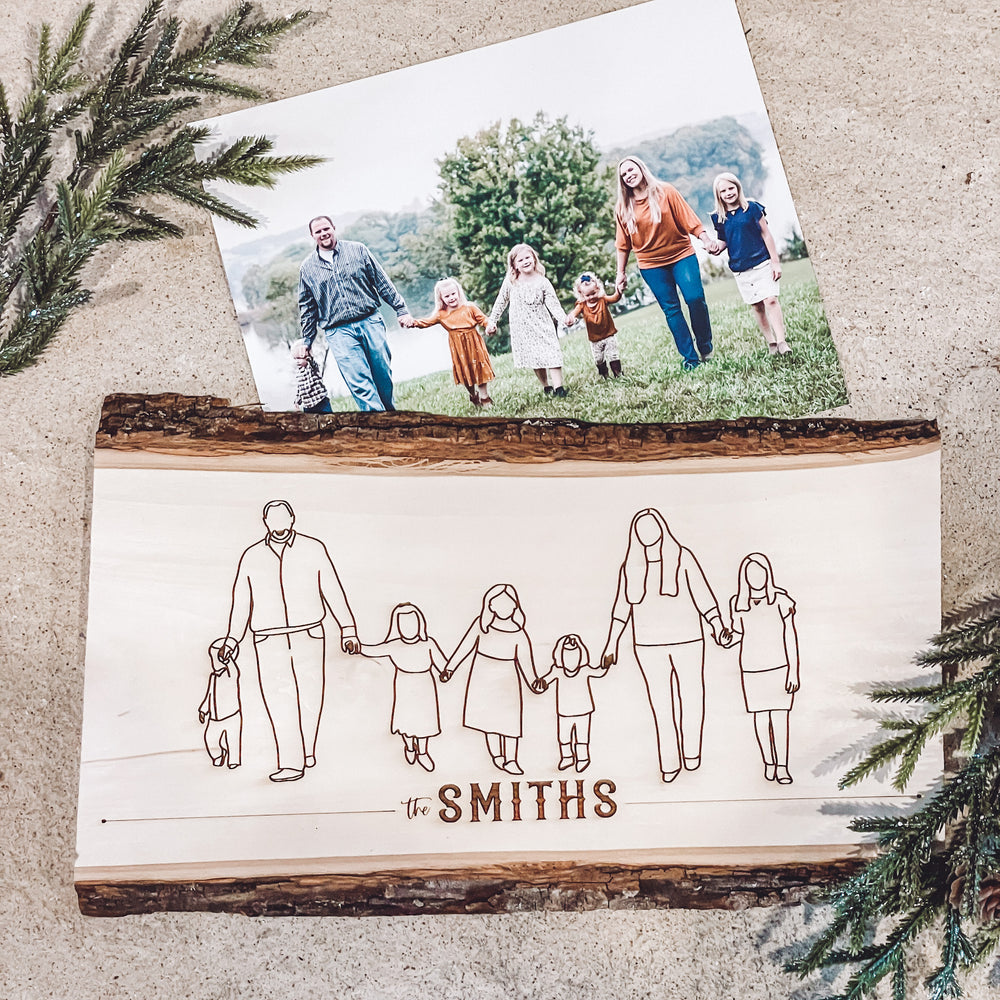 Line art drawing engraved on Bass Wood Plank