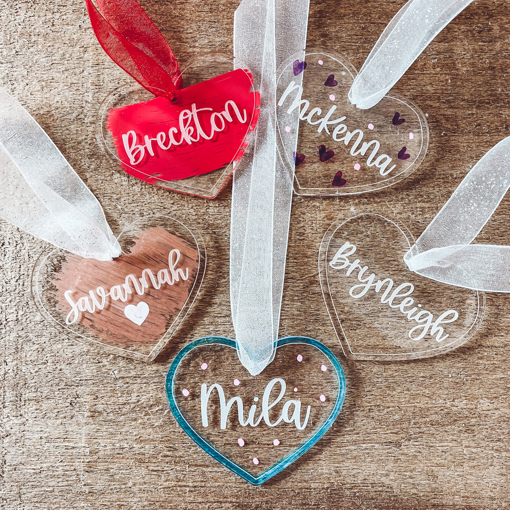 Acrylic Heart Tag with Engraved Name – Script and Grain