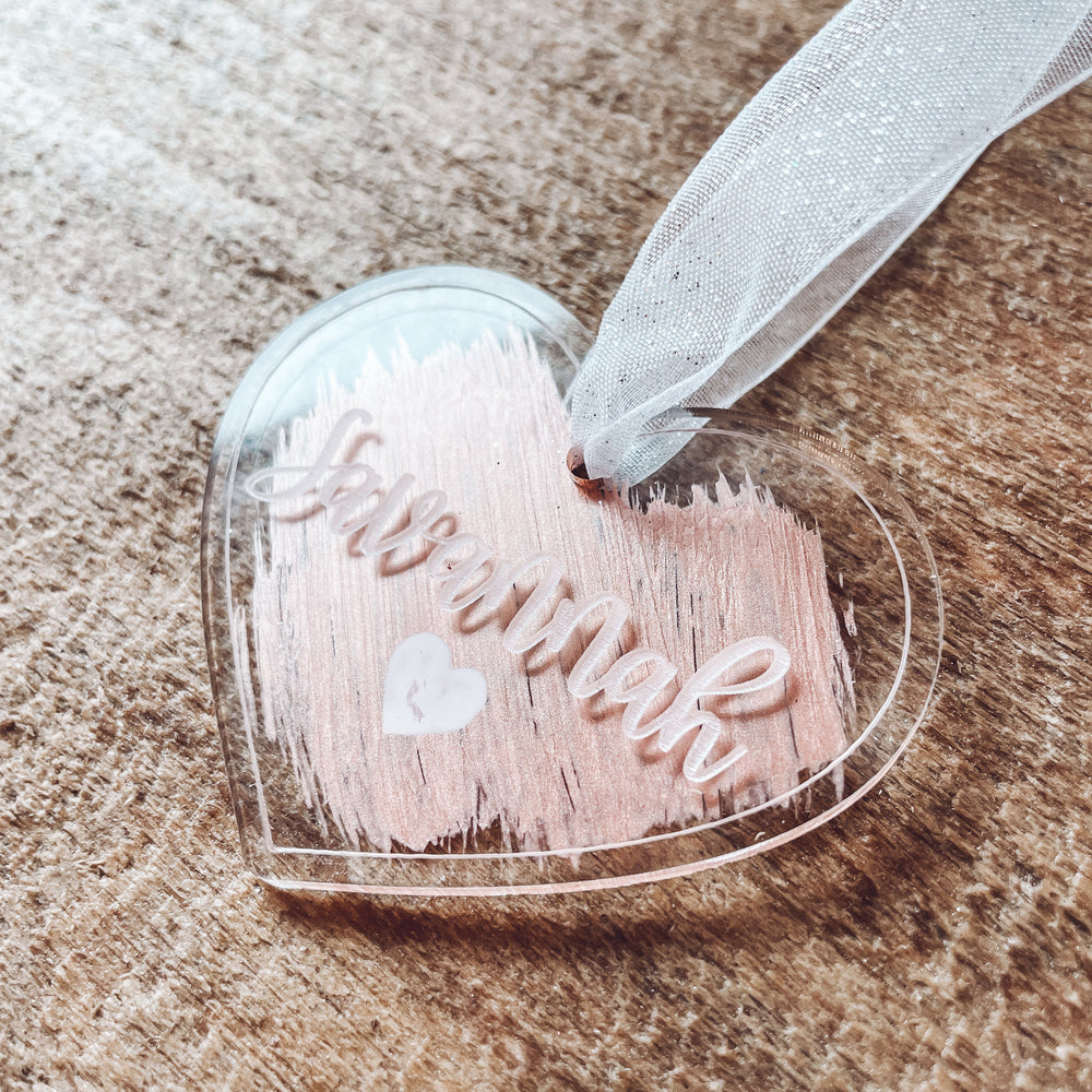 Acrylic Heart Tag with Engraved Name – Script and Grain