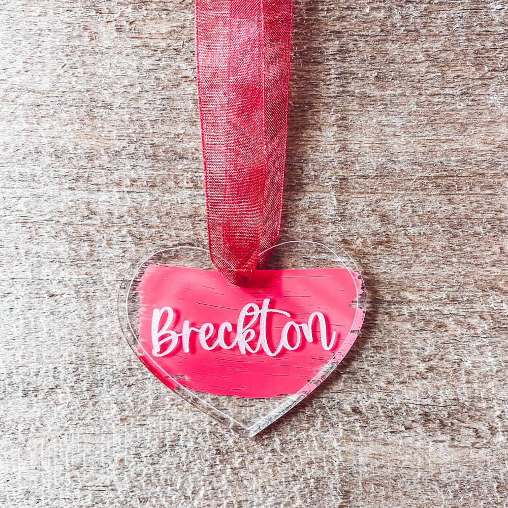 Acrylic Heart Tag with Engraved Name – Script and Grain