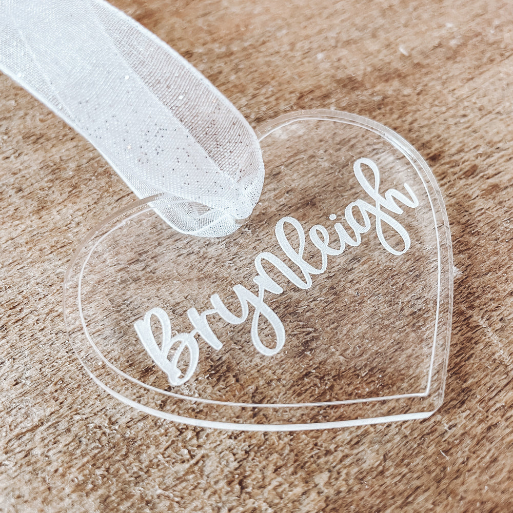 Acrylic Heart Tag with Engraved Name – Script and Grain