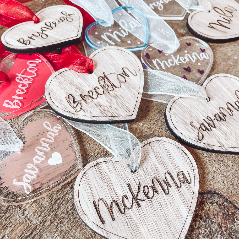 Acrylic Heart Tag with Engraved Name – Script and Grain